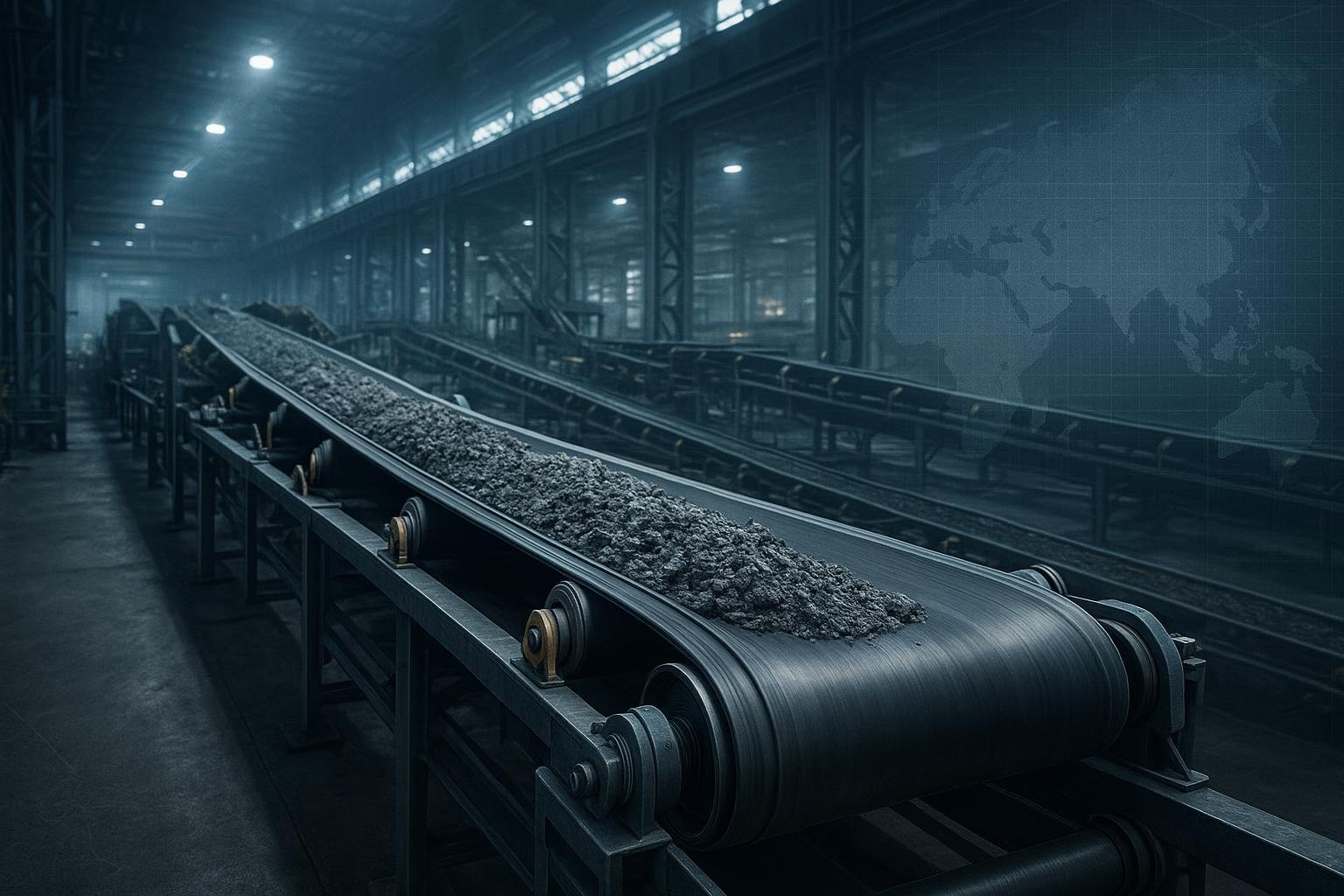 Cover: modern Asian factory with bulk-material conveyor lines and a faint Asia map silhouette