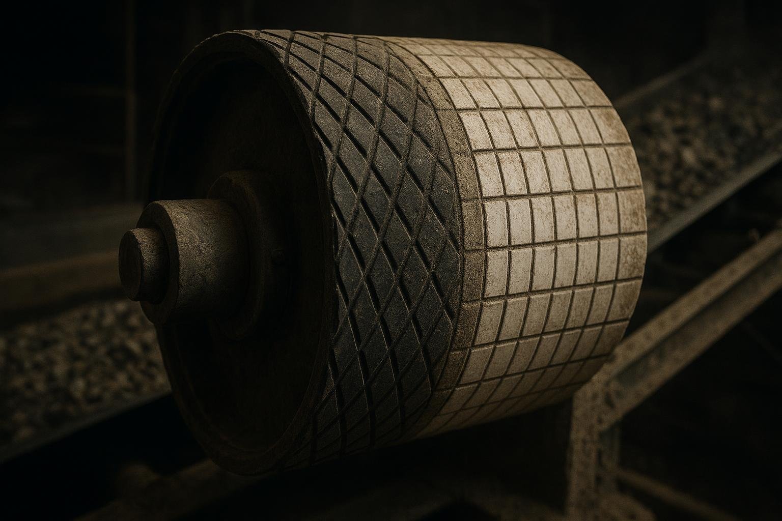 Close-up of conveyor drive pulley with diamond rubber and ceramic lagging in an aggregate plant