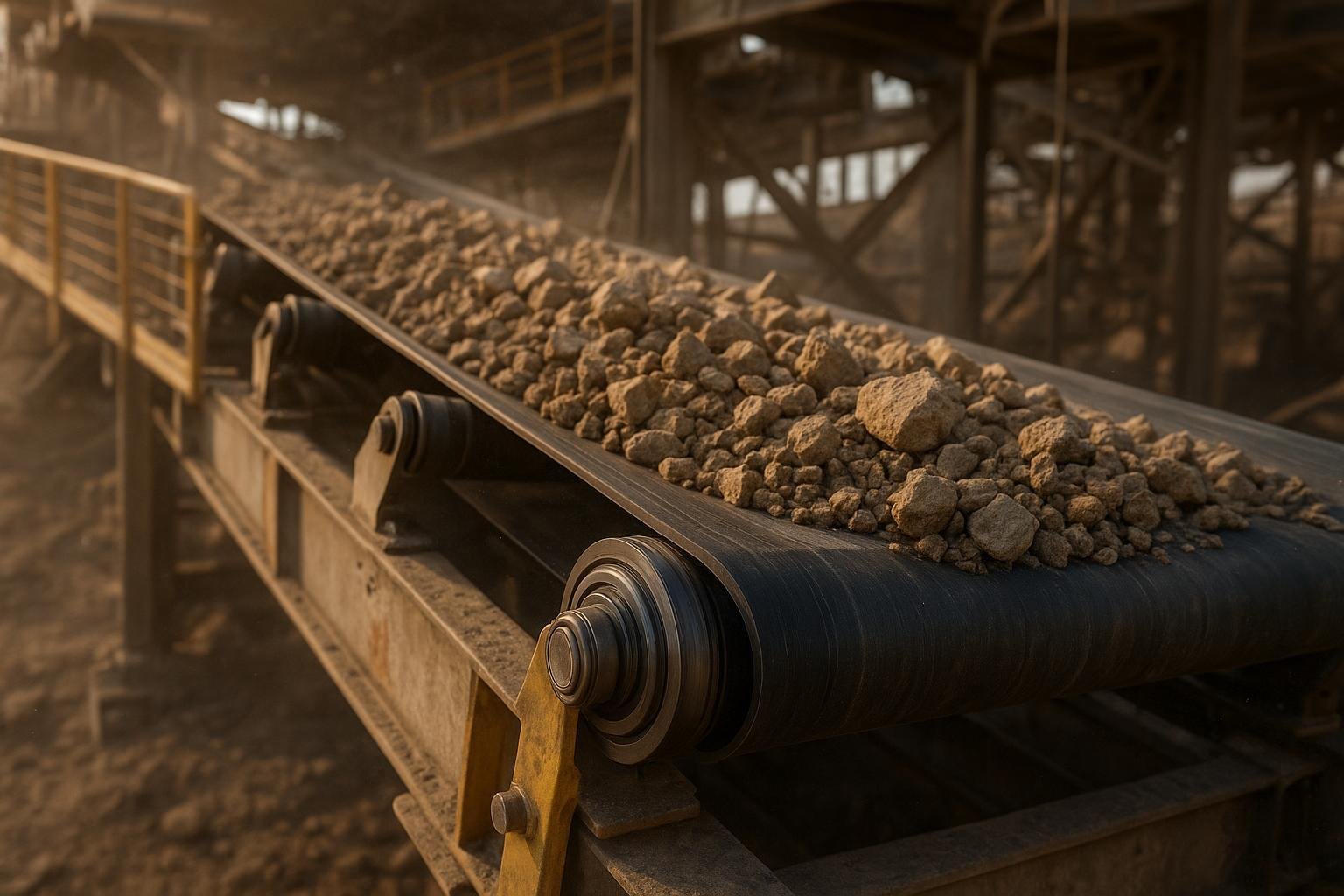 Close-up of a sealed conveyor idler roller in a quarry conveyor system carrying aggregate