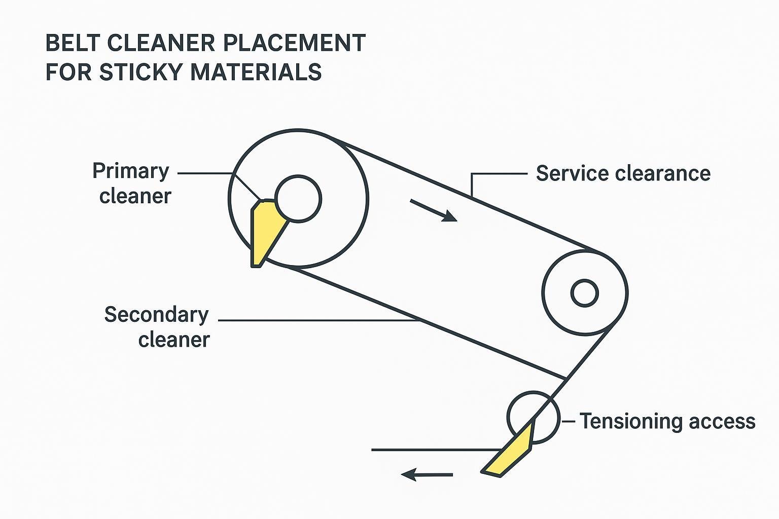 Diagram: primary and secondary belt cleaner placement at head pulley with access zones