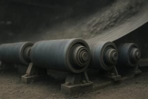 Close-up of conveyor impact rollers with polymer shells and sealed ends in a wet, dusty loading zone