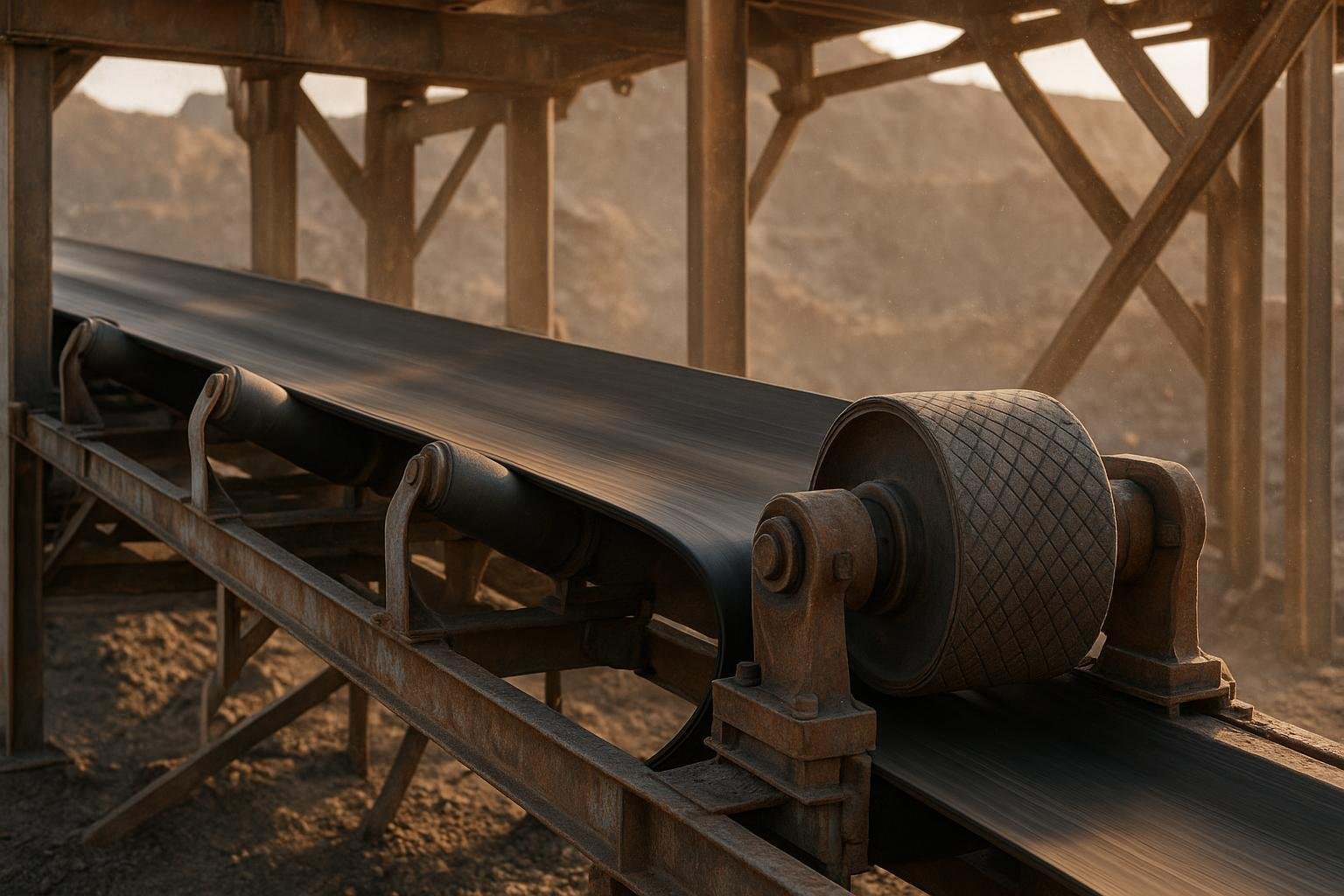 Heavy-duty conveyor belt with self-aligning idler and lagged drive pulley in a mining site