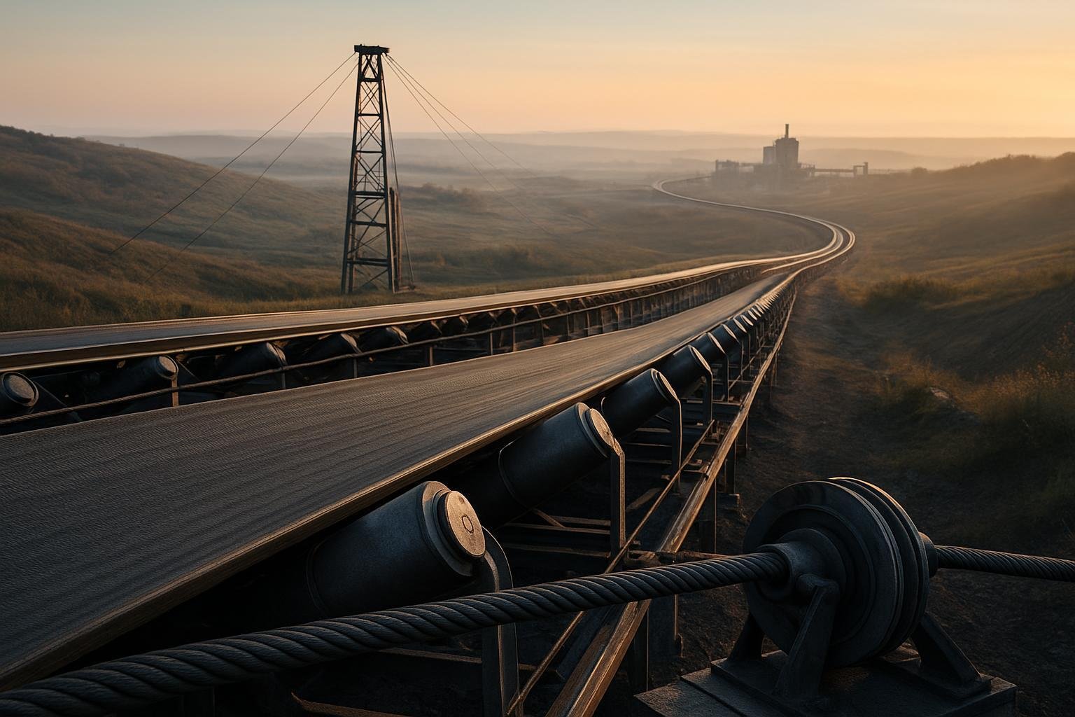 Long-distance conveyor with tensioned steel-cord belt and gravity take-up tower at sunrise