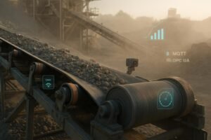 Conveyor belt line with sensors and data overlays representing predictive failure analysis