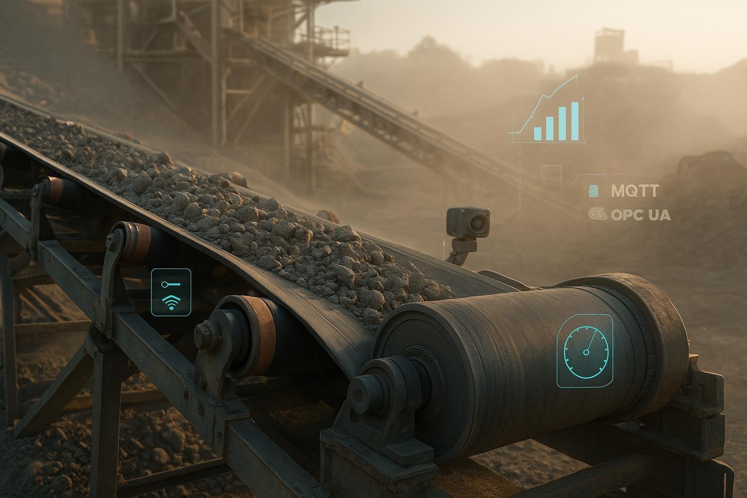 Conveyor belt line with sensors and data overlays representing predictive failure analysis