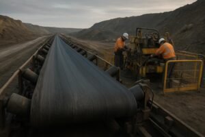 Overland conveyor during belt maintenance, showing transition from worn cover to freshly re-covered section with vulcanizing equipment