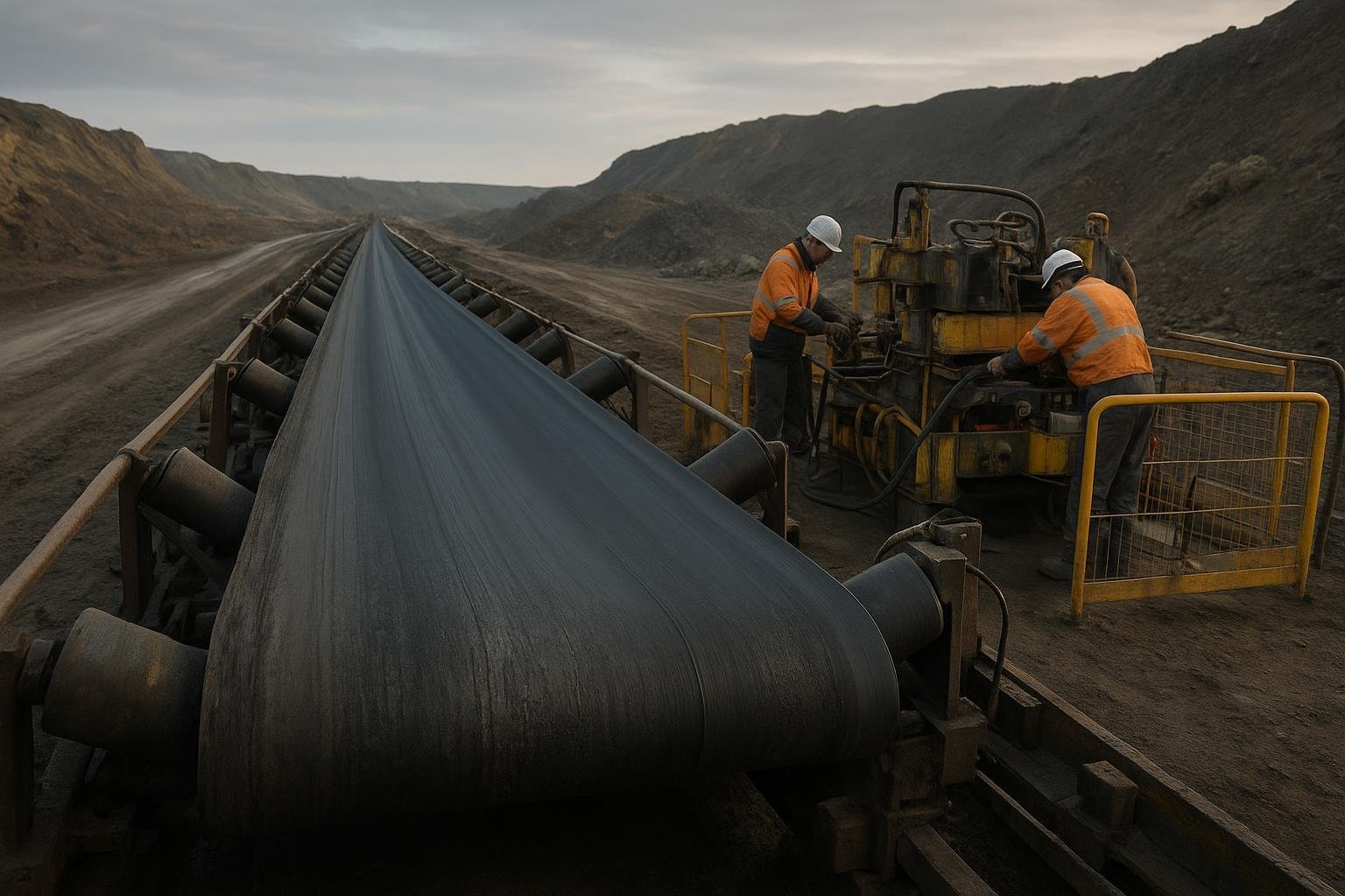 Overland conveyor during belt maintenance, showing transition from worn cover to freshly re-covered section with vulcanizing equipment