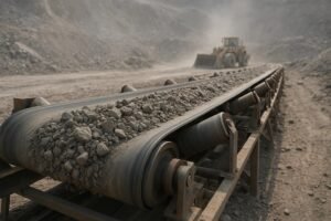 Heavy-duty conveyor belt with idlers in a working quarry, photographed in natural light
