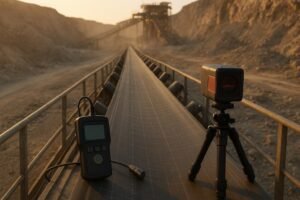 Conveyor belt in a quarry with gridlines and instruments illustrating belt wear mapping
