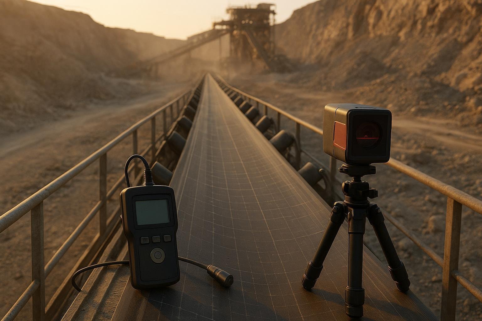 Conveyor belt in a quarry with gridlines and instruments illustrating belt wear mapping