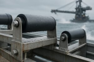 Conveyor rollers with labyrinth seals and stainless frames operating near a coastal terminal under spray conditions