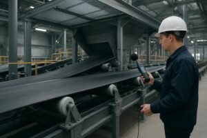 Industrial conveyor line with polymer rollers, acoustic canopy, and technician measuring noise with a sound level meter.