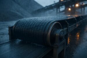 Conveyor belt with wet pulley and textured lagging improving grip during rain at an industrial site