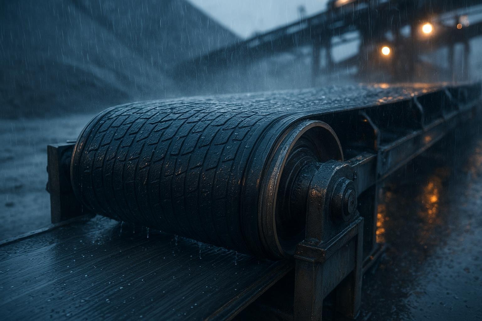 Conveyor belt with wet pulley and textured lagging improving grip during rain at an industrial site