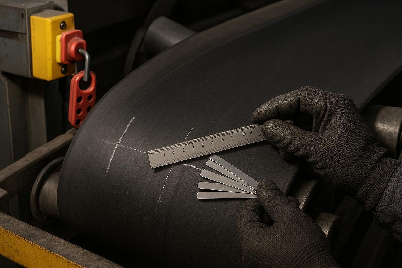 Technician measuring a conveyor belt splice with a straightedge and feeler gauges under LOTO conditions