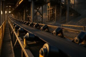 Trough belt conveyor with new idler rollers aligned for higher throughput in a quarry plant