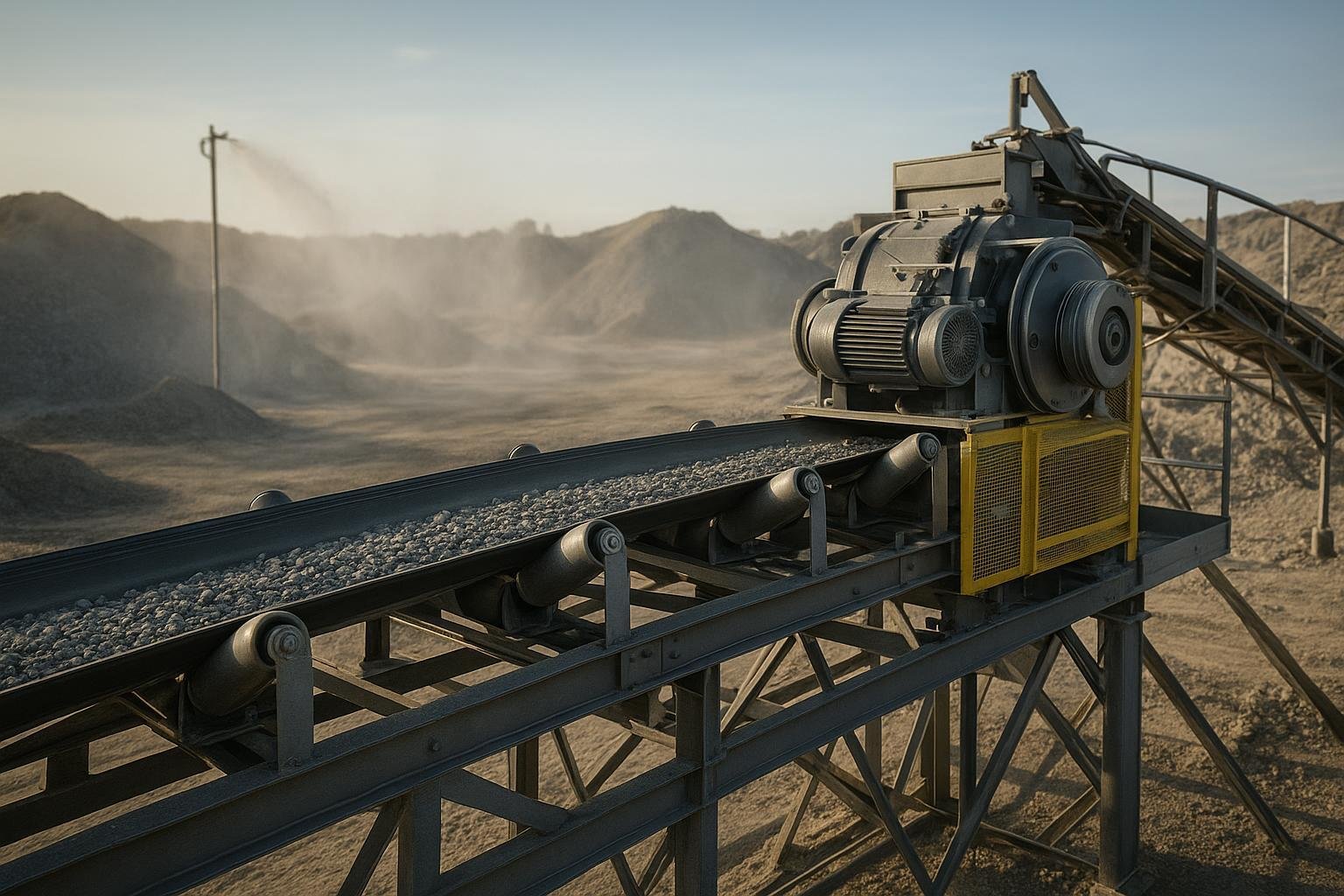 Fixed belt conveyor system with idlers, pulleys, guarding, and dust control in an open-pit site