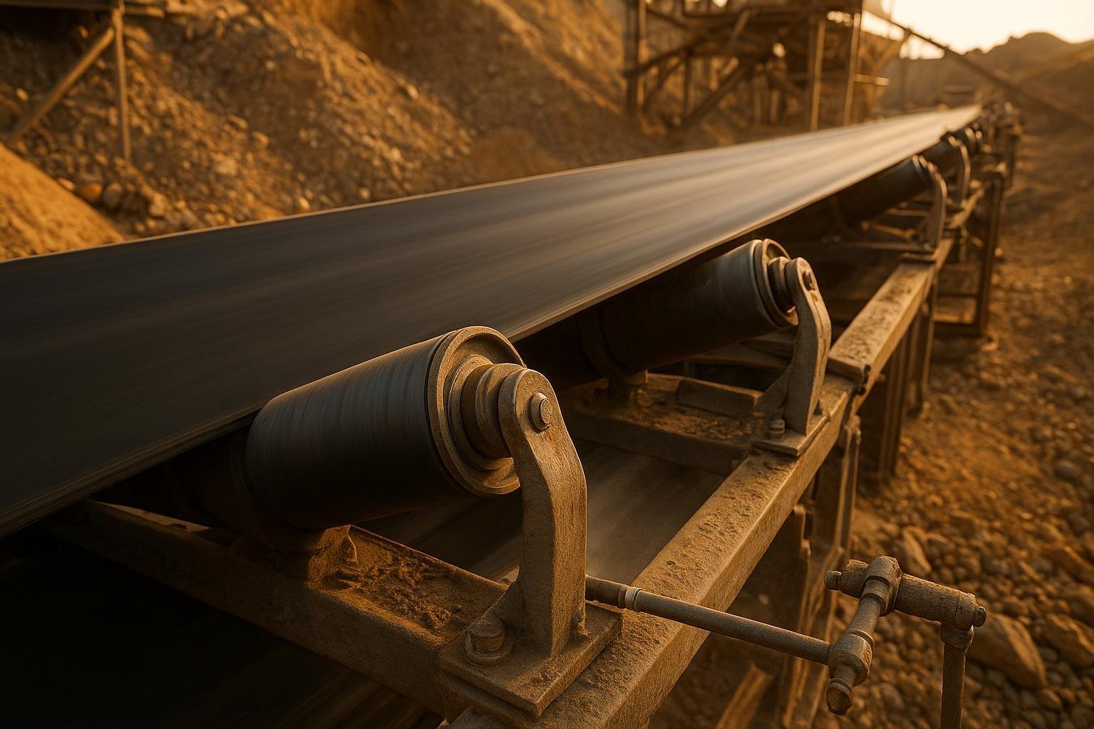 Rotating idler rollers on an industrial belt conveyor in a quarry