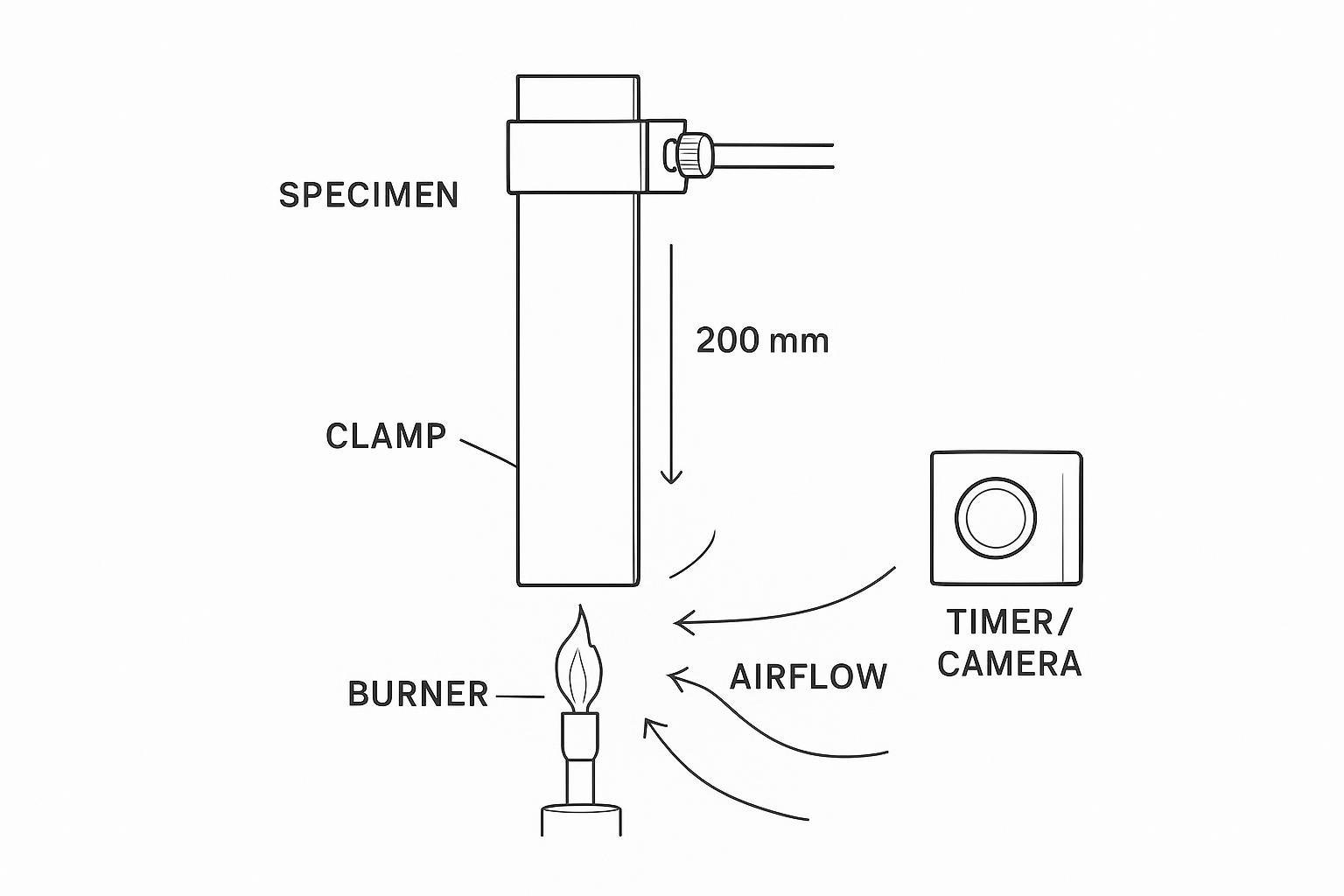 Schematic diagram of ISO 340 small-flame test setup with specimen, burner, and airflow check labeled