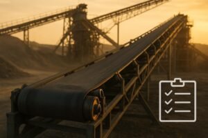 Heavy-duty industrial conveyor belt line with checklist overlay icon at golden hour
