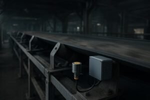 Photorealistic industrial conveyor with mounted sensors and edge gateway in a dusty plant