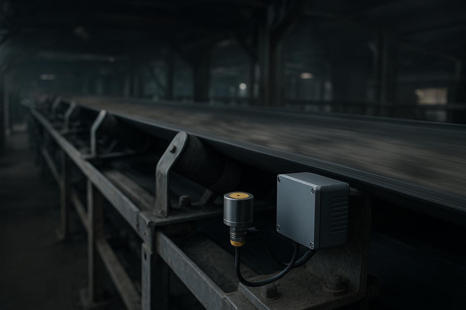 Photorealistic industrial conveyor with mounted sensors and edge gateway in a dusty plant