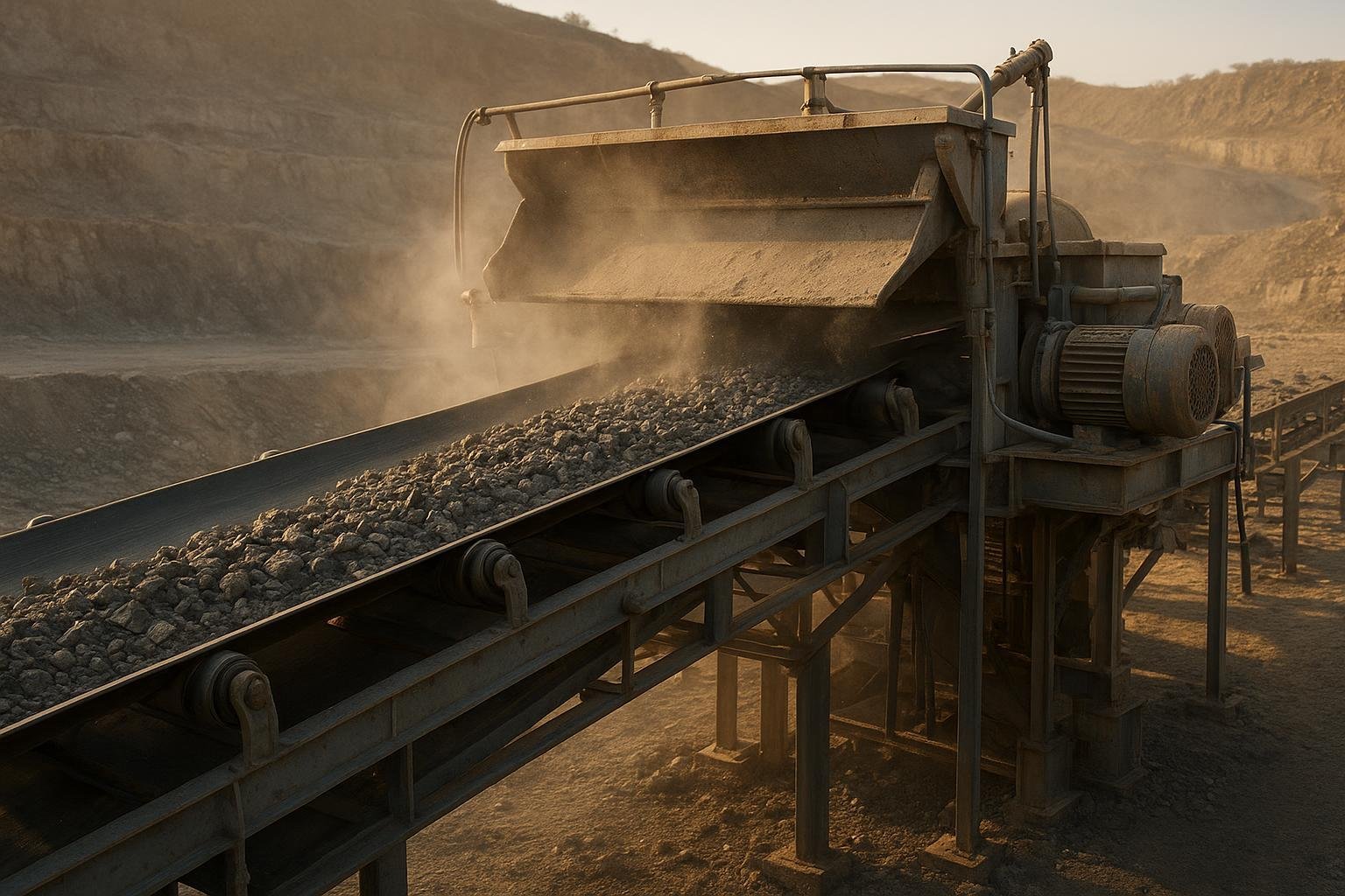 Bulk material handling conveyor belt carrying ore on trough idlers at a quarry