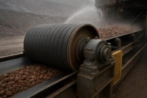 Heavy-duty conveyor head pulley with lagging and sealed bearings in a mining setting