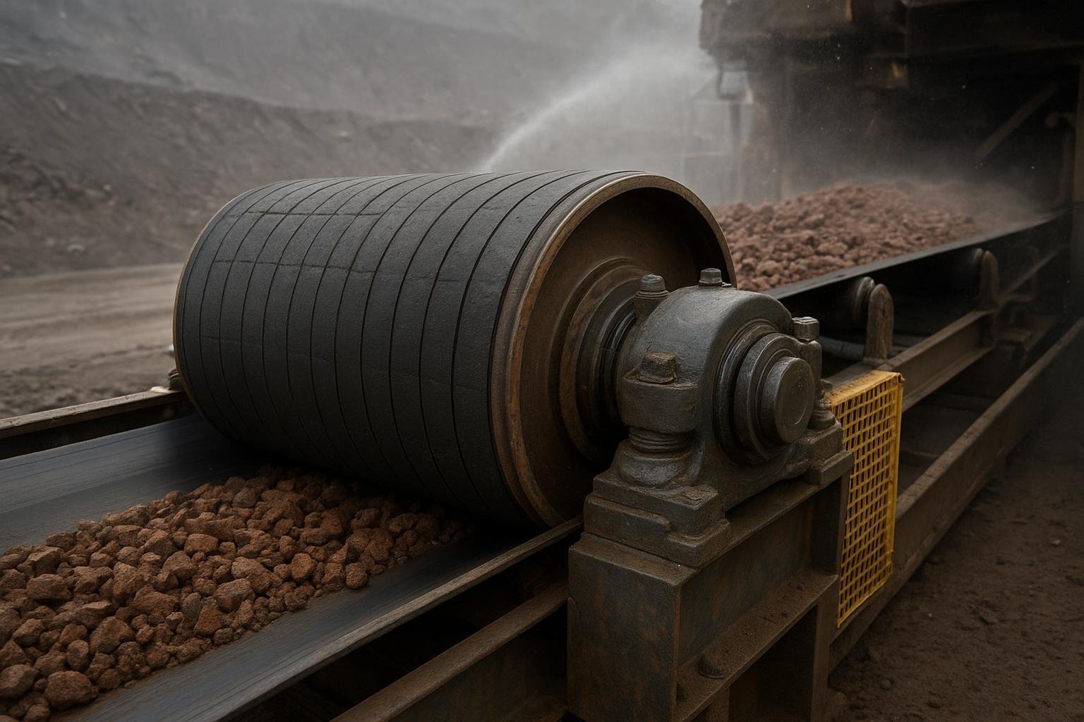 Heavy-duty conveyor head pulley with lagging and sealed bearings in a mining setting