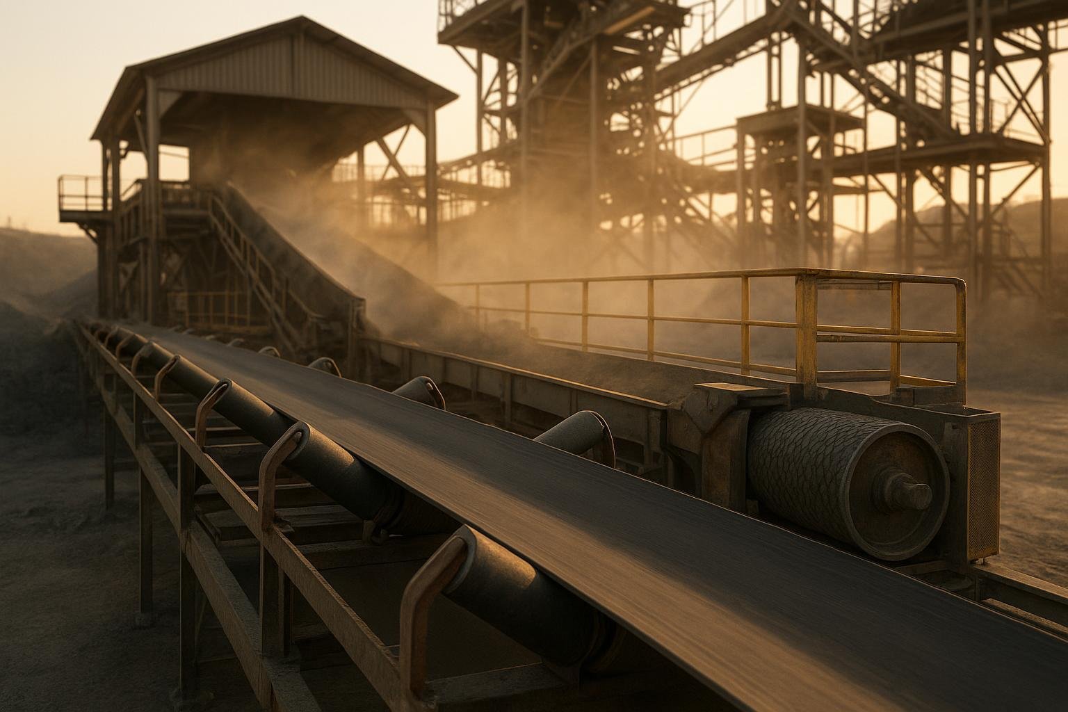 Modern overland conveyor with troughing idlers and guarded transfer point at a quarry during golden hour
