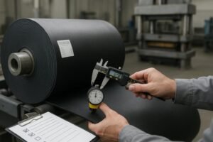 Inspector measuring conveyor belt sample with caliper and durometer next to a labeled belt roll in a factory