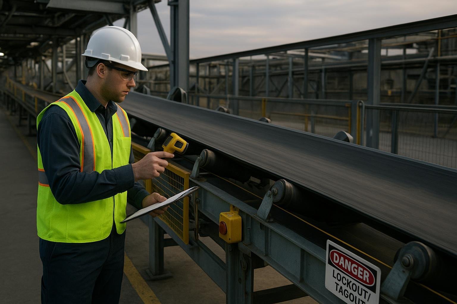 Technician commissioning a belt conveyor during a conveyor system trial run with safety guards and emergency pull-cords
