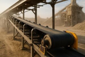 Industrial conveyor belt with aligned idlers and guarded head pulley in a plant setting