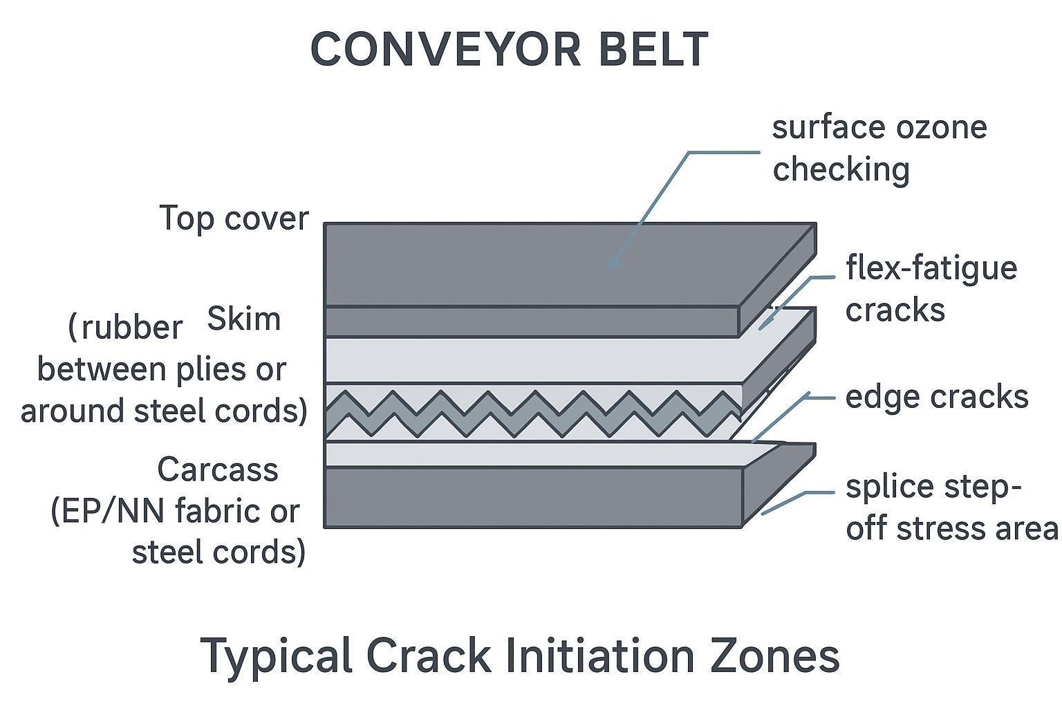 Diagram of conveyor belt cross-section with labeled layers and typical crack initiation zones