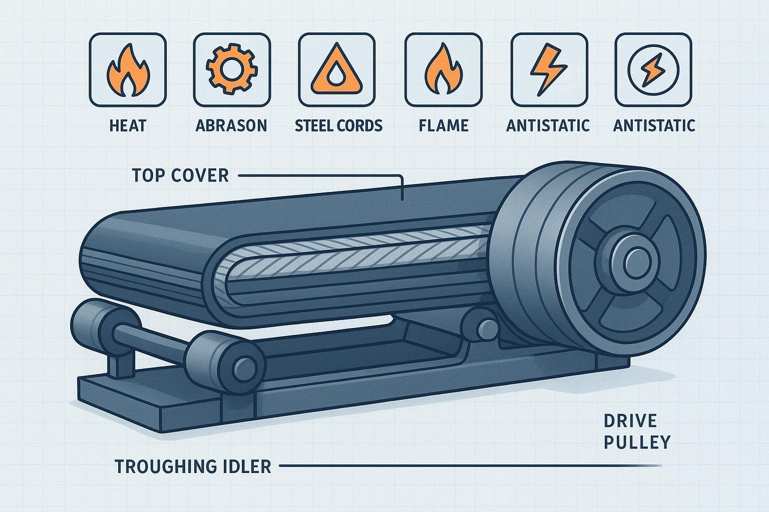 Cross-section of a conveyor belt over idlers with icons for heat, abrasion, oil, flame, and antistatic to illustrate material selection.
