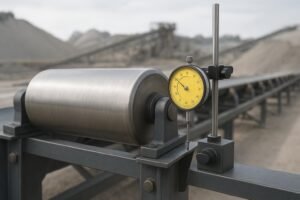 Dial indicator measuring conveyor idler roller runout on-frame