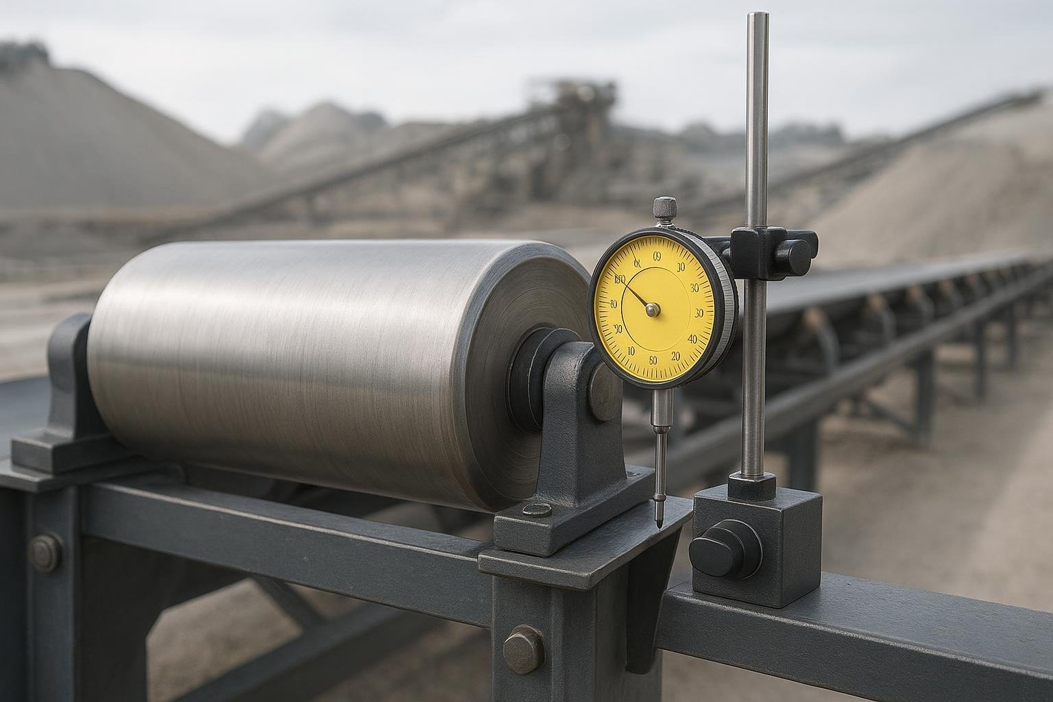 Dial indicator measuring conveyor idler roller runout on-frame