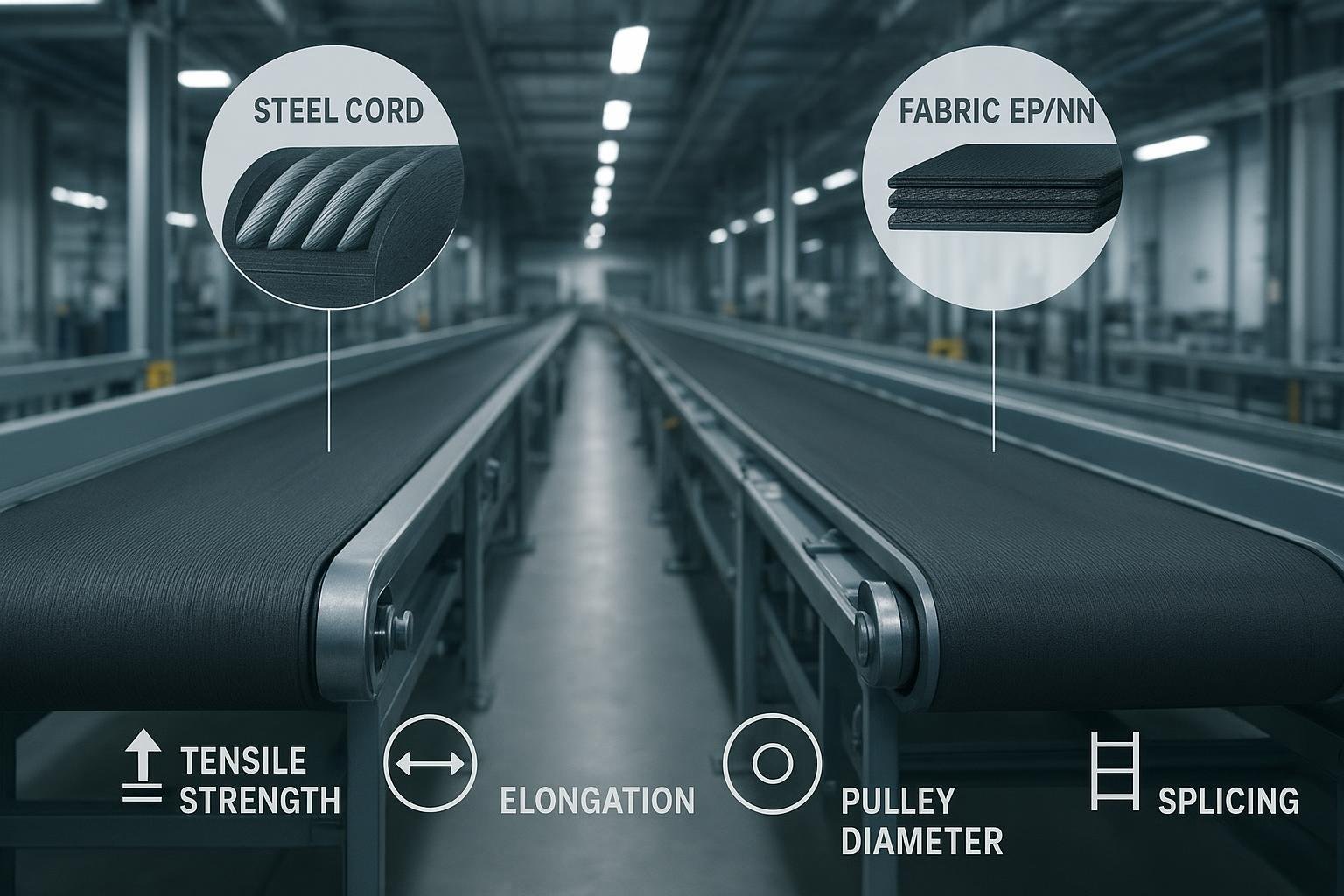 Factory conveyors comparing steel cord and fabric conveyor belts with technical callouts