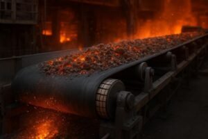 Steel mill conveyor belt moving hot sinter past ceramic-lagged pulley with heavy-duty idlers