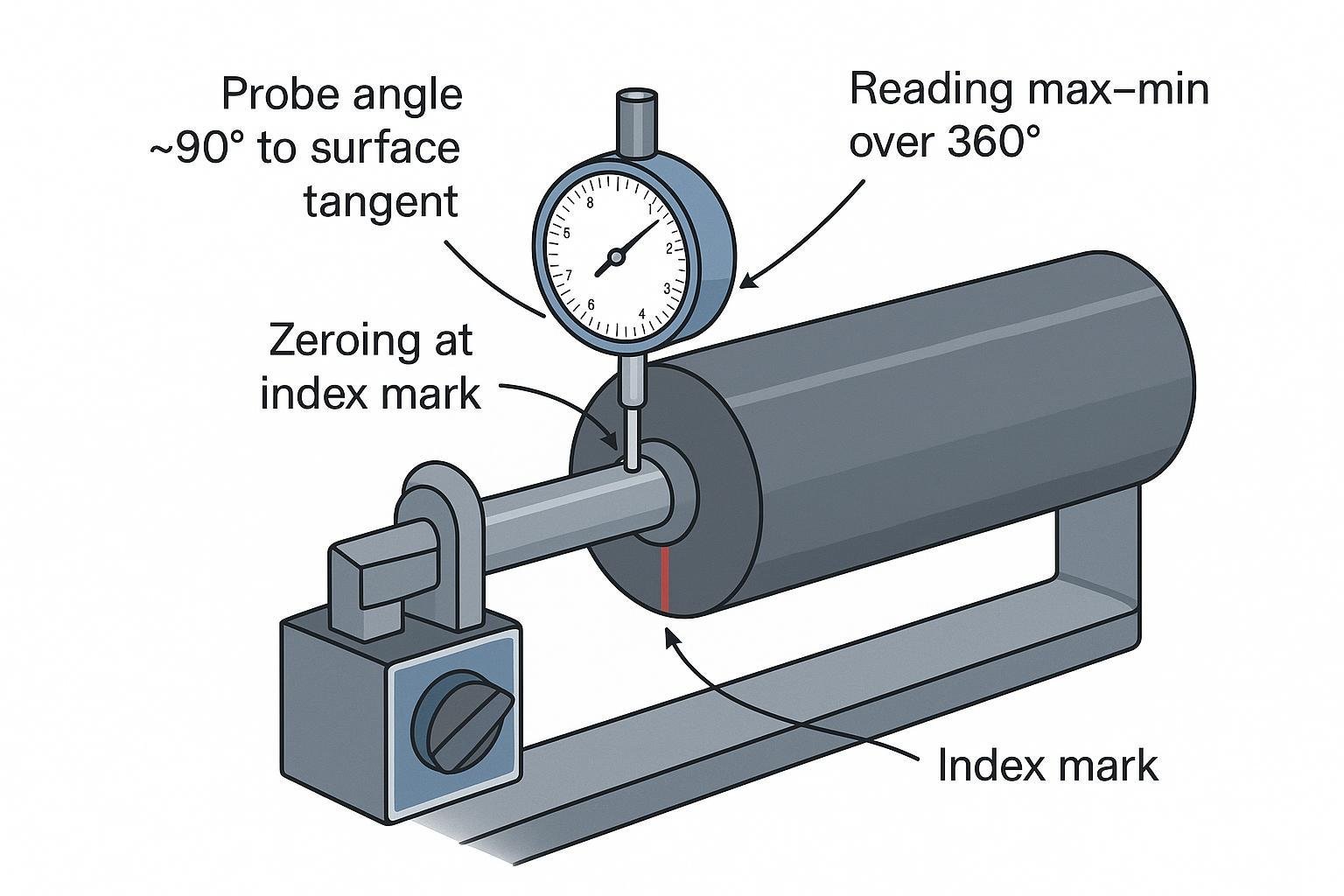 Correct dial indicator setup for measuring conveyor idler TIR