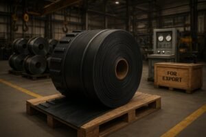 Heavy-duty conveyor belt coil in a manufacturing plant ready for QA and shipping