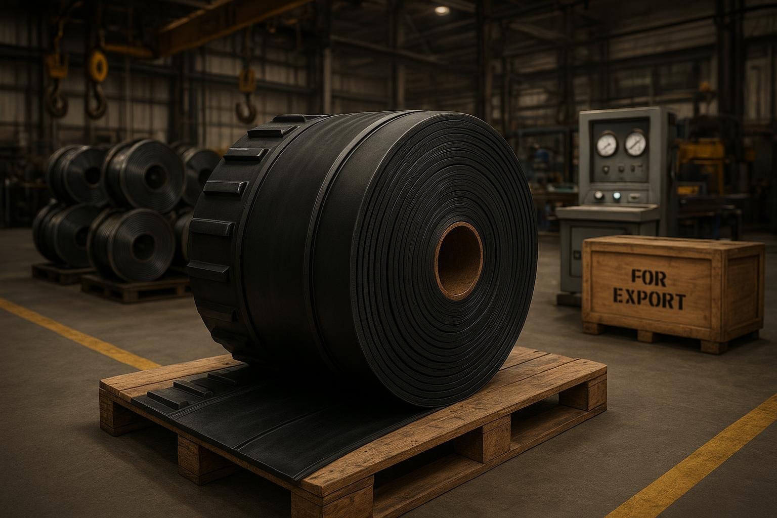 Heavy-duty conveyor belt coil in a manufacturing plant ready for QA and shipping