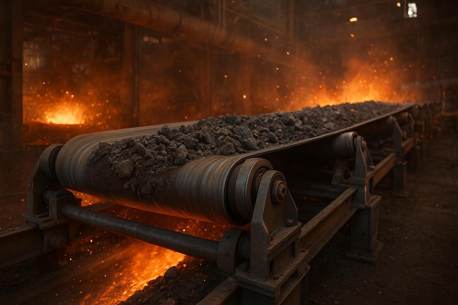 Heavy-duty conveyor rollers supporting a belt in a steel mill loading area