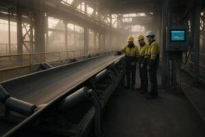Maintenance engineers inspecting a heavy-duty conveyor line with idlers and safety systems in an industrial plant