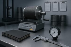 Industrial lab scene with conveyor belt sample, durometer, and abrasion tester for performance testing