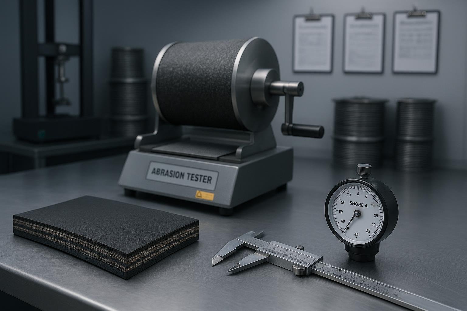 Industrial lab scene with conveyor belt sample, durometer, and abrasion tester for performance testing