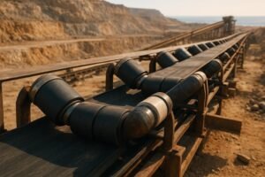 Heavy-duty conveyor in a quarry with mixed-material rollers under a sunlit, dusty sky