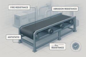 Technical cover image showing an industrial conveyor belt with icons for fire, abrasion, antistatic, heat, and oil resistance