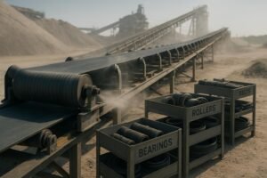 Conveyor system at an industrial site with organized spare parts in the foreground