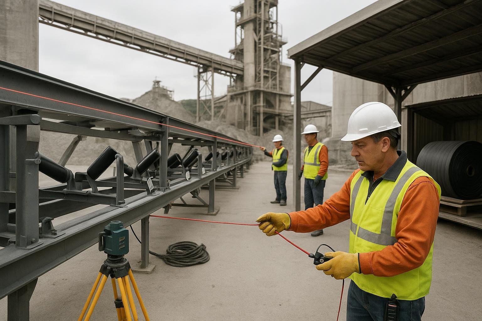 Conveyor installation preparation at an industrial plant with alignment, safety checks, and materials staged